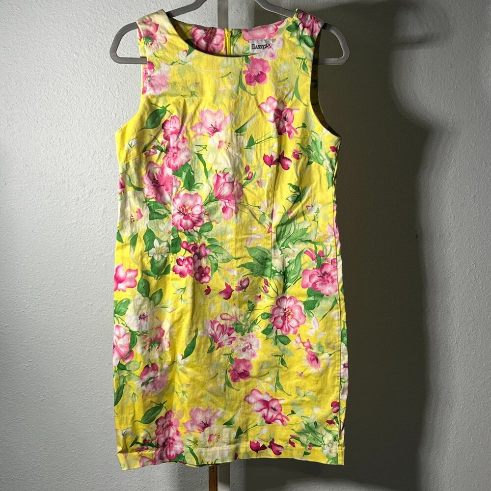 Danny & Nicole Spring Yellow w Pink Flowers Tea Length Tank Dress SZ 12P